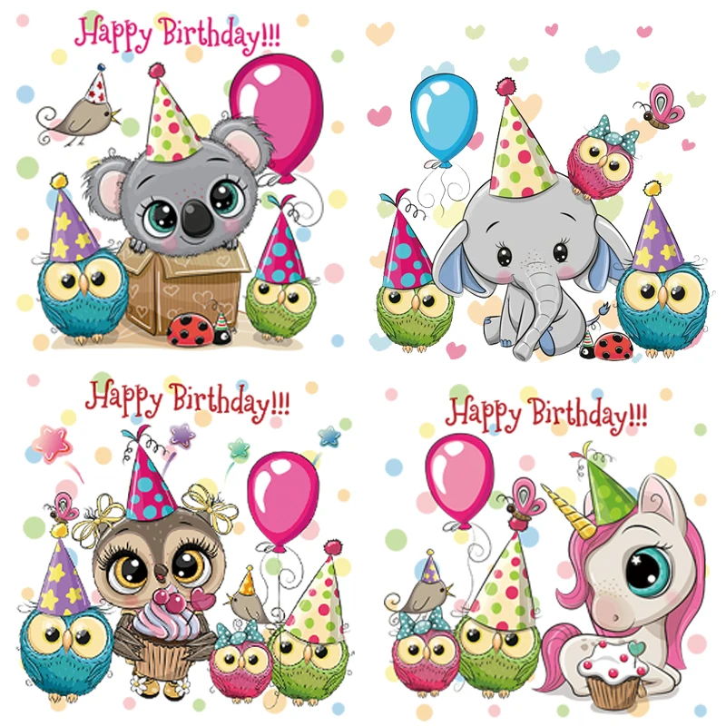 Mutlu Dogum Gunu Koala Fil Unicorn Baykus Demir On Yamalar Isi Transferi Vinil Giyim Icin Termal Cikartmalar Bebek Giysileri Diy Patches Aliexpress