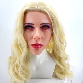 

New Blonde Soft Silicone Realistic Female Head Mask Handmade Face Cosplay Apparel for Crossdresser Transgender Skin Mask Dress