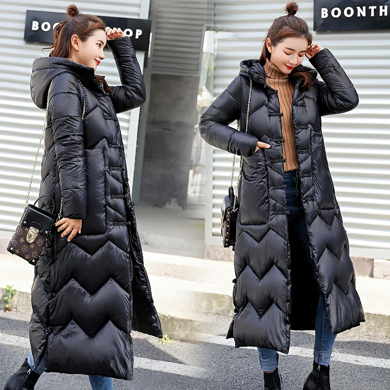 

Retro Frog down Jacket Women's Mid-length over-the-Knee Winter New Style Chinese-style Hooded Warm White Duck down Coat Fashion