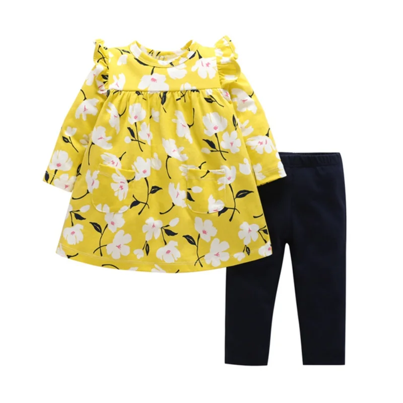 New Baby's Set Two Piece Long Sleeved Trousers Girls Full Body Floral Print Shirt Solid Color Pants |