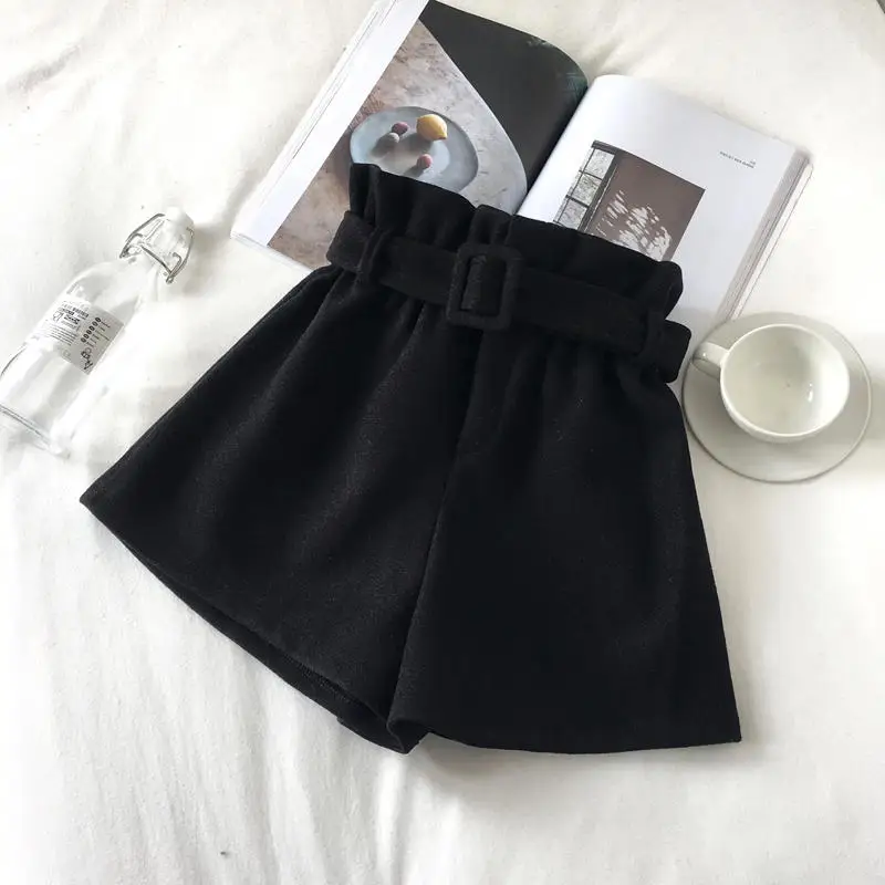 Black shorts Модные шерстяные шорты женские свободные осенние и зимние шорты с высокой талией Женские однотонные повседневные шорты с эластичной резинкой на талии Q2165 - Цвет: Black shorts
