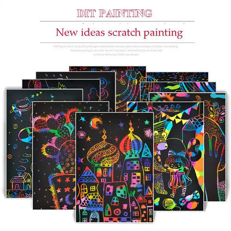 120 100 50 Sheets Magic Color Rainbow Scratch Art Paper Card Set With Graffiti Stencil For Drawing Stick Diy Painting Toy Kids Aliexpress
