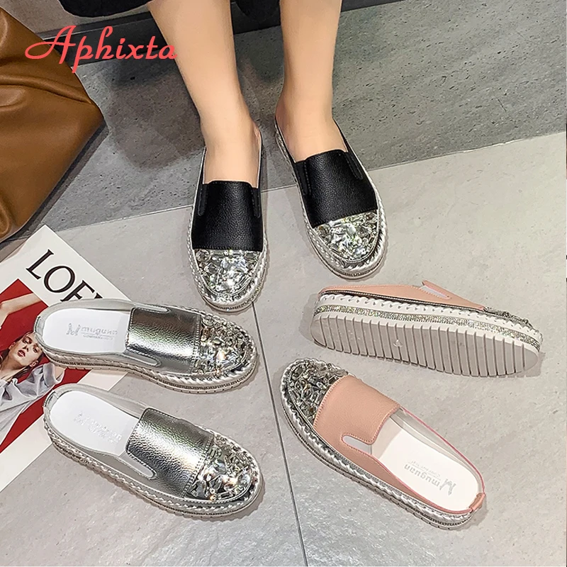 Women Shoes Casual Shoes Women Flats Aphixta Crystals Round Toe Leather Flats Shoes Women Silver Bling Loafers Couple Platform Shoes Woman Flat With Students Size 43