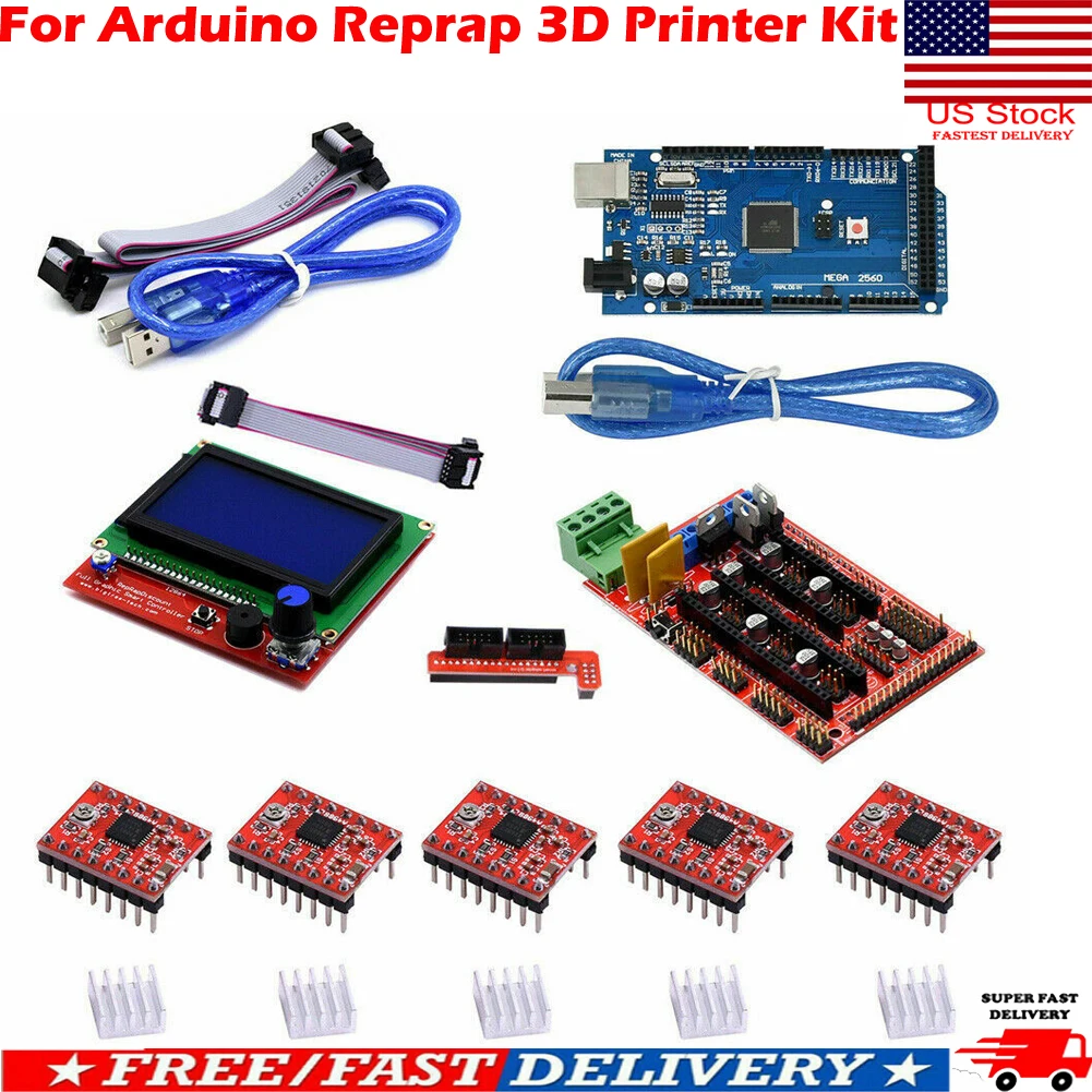 Комплект 3D-принтера Arduino RepRap Mega 2560 R3+ RAMPS 1,4+ 5 шт. A4988 модуль драйвера StepStick+ 12864 комплект ЖК-контроллера UNO R3