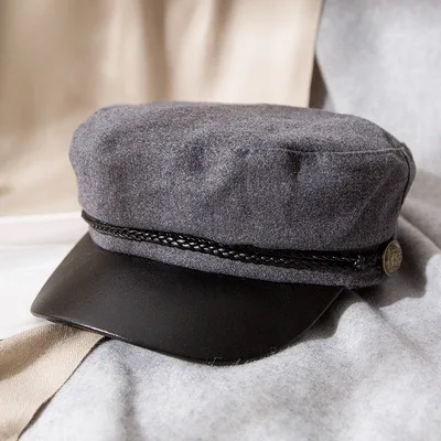 Woolen grey Модная шапка унисекс из искусственной кожи в стиле милитари, Осенние шляпы матроса для женщин, шерстяная черная Серая шерстяная женская шапка для путешествий - Цвет: Woolen grey