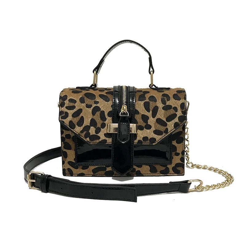 

Leopard Crossbody Bags for Women with Zipper Decoration Ladies Chain Handbags and Purses Patent Leather Small Shoulder Bag