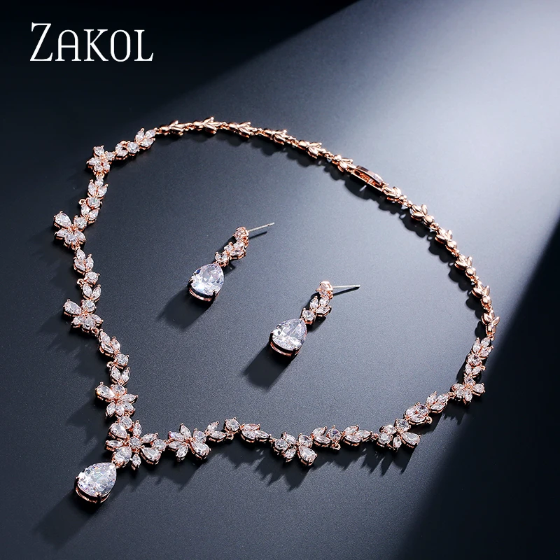 ZAKOL, модный набор, цветок, кубический цирконий, кристалл, женские серьги, ожерелье, набор для невесты, Свадебный костюм, ювелирный набор, FSSP010