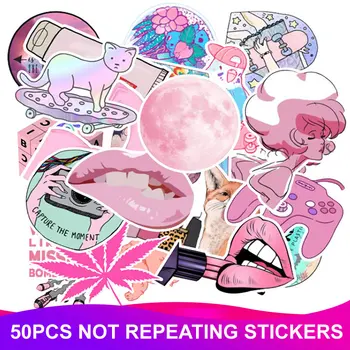 

50pcs Pack Pink Cartoon Stickers Waterproof PVC Luggage Motorcycle Laptop Skateboard Guitar Water Bottle Vsco Girl Sticker Toys