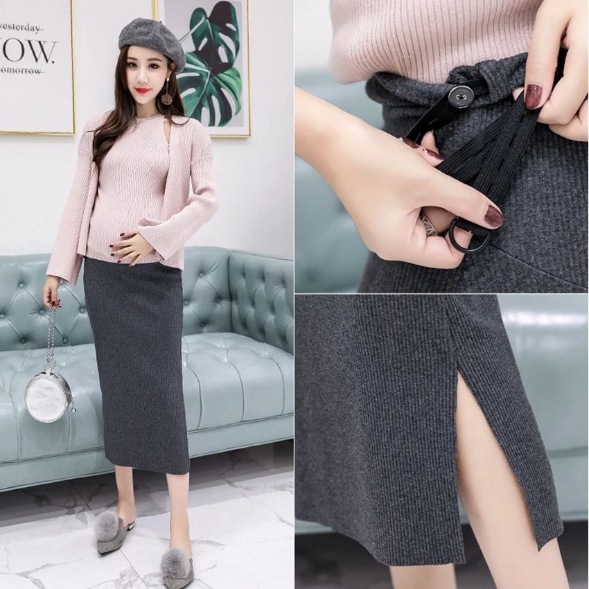 Maternity dress skirt spring and autumn pure cotton mid-length knitted split skirt fashion all-match bag hip