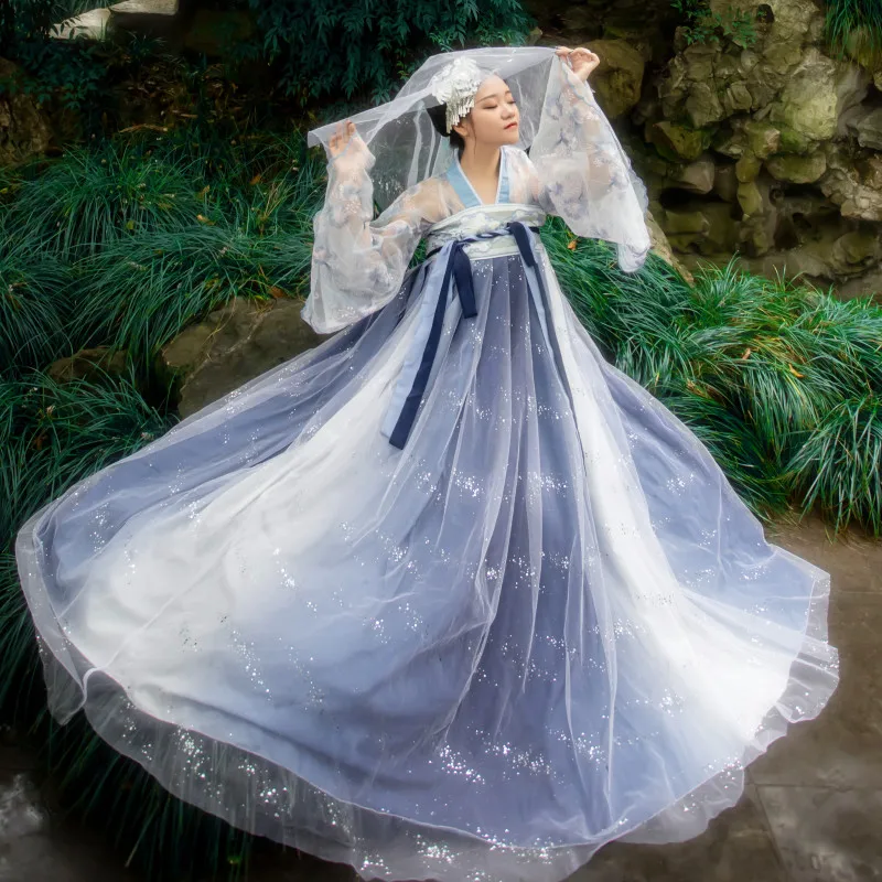 Синий Hanfu женские традиционные танцевальные костюмы народный фестиваль наряд вышивка платье феи сценический рейв представление одежда DC2719