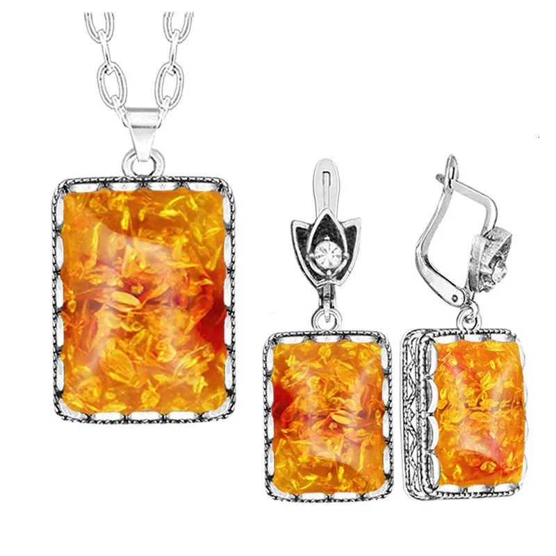 Продолговатые синтетические Ambers набор украшений для женщин античный посеребренный цветок квадратный кулон ожерелье серьги