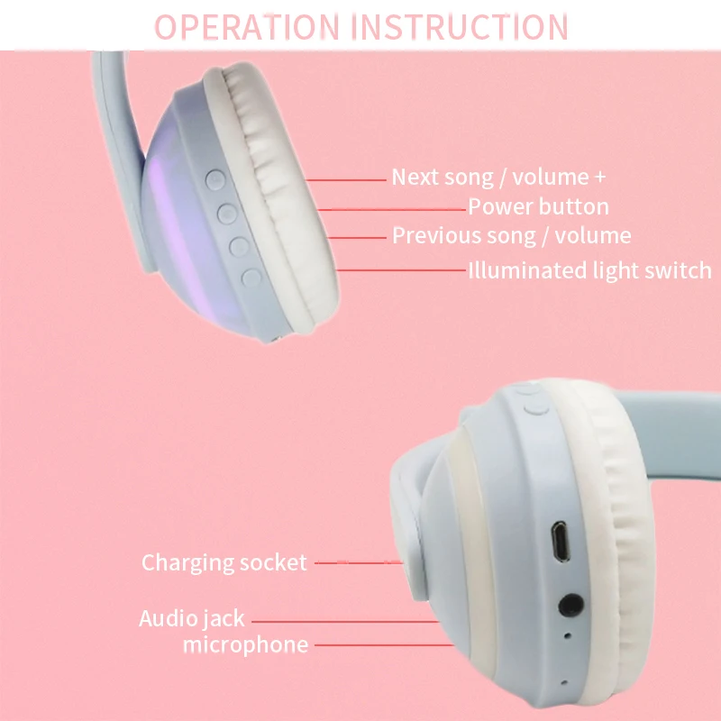 JINSERTA Kids Cat Ear Headphones Bluetooth 5 0 Glowing Stereo Headset Noise Cancelling Music Earphone for Phone PC Birthday Gift