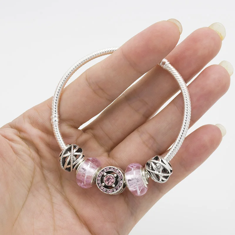 Розовый стеклянный Набор браслетов с бусинами, покрытый серебром, женские браслеты-шармы, браслет, подарок, очаровательный браслет, сделай сам, ювелирное изделие