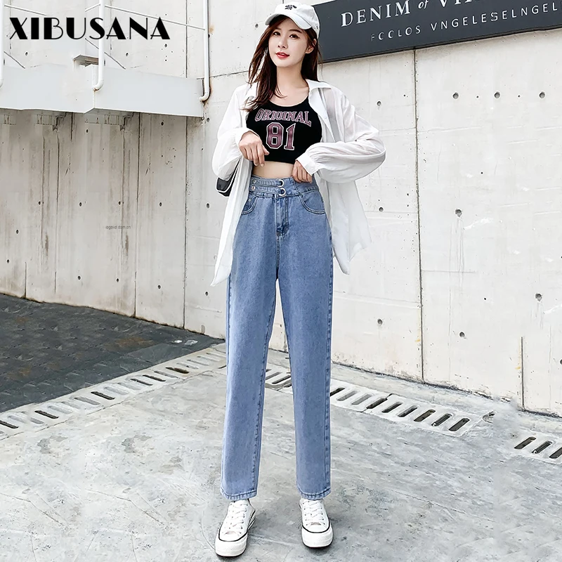 

XIBUSANA 2020 Autumn New High Waist Casual Wide Leg Demin Pants Women's Solid Slim Loose Button Straight Leg Harem Pants Female