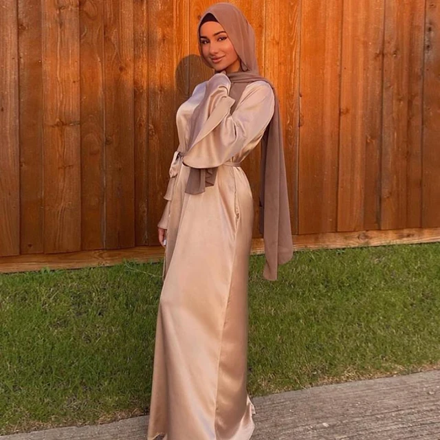 Ramadan Eid Mubarak Muslim Fashion Satin Dresses For Women Abaya Dubai Turkey Islam Hijab Dress Vestidos Robe Musulmane Longue 4