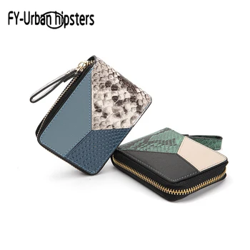 

Genuine Leather ID Holder Crocodile Pattern Contrast Color Women Coin Pure Patchwork Zipper Card Case Unisex Credit Card W