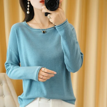 100% Cotton Women Knit Sweater Crimped Edge O-Neck Pullover Bottoming Pure Cotton Sweater Spring Autumn New Tops Clothes 1