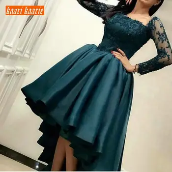 

Sexy Peacock blue Short Prom Dresses Lace Long Sleeve Satin High Low 2020 Girl Banquet Formal Dress Custom Made Beach Prom Gowns