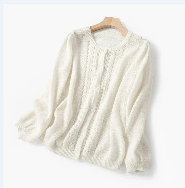 

Women Sweater 2020 Spring and Summer New Hollow Fine Mohair Two-color Cardigan