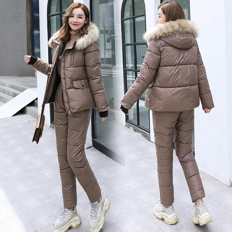 숙 녀 한국어 패션 코 튼 코트 큰 모피 칼라 두 조각 두꺼운 코 튼 바지 바지 바지 정장 Vetement Femme 2021