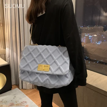 

Large big capacity chains bag women fashion shoulder messenger bag light blue plaid pu leather bag 2020 summer new purple white