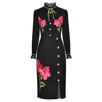 

HIGH QUALITY New Fashion 2020 Runway Dress Women's Long Sleeve Flowers Embroidery Pencil Dress