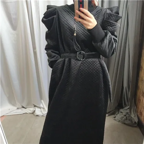 SuperAen, хлопковое, с пышными рукавами, плотное платье для женщин, зима, новинка, женское платье, модное, одноцветное, с длинным рукавом, женская одежда