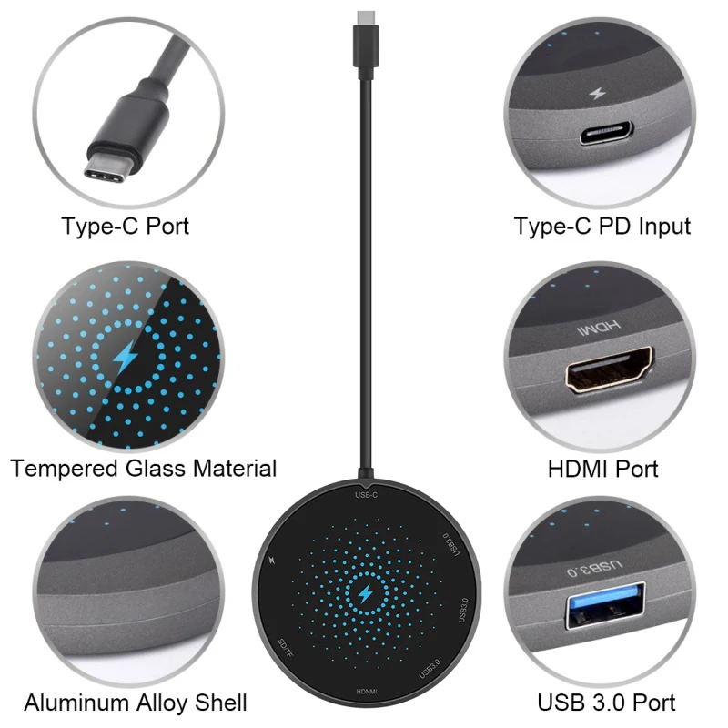 7 в 1 type-C концентратор(HDMI+ 3 порта USB3.0+ SD+ TF+ PD интерфейсы) док-станция с 10 Вт Беспроводное зарядное устройство USB-C концентратор