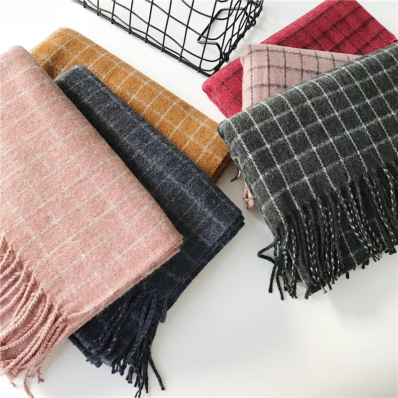 Winter Cashmere Scarves With Tassel Thick Warm Poncho Wool Plaid Print Neck Scarf For Women Fashion Shawls and Wraps Ladies