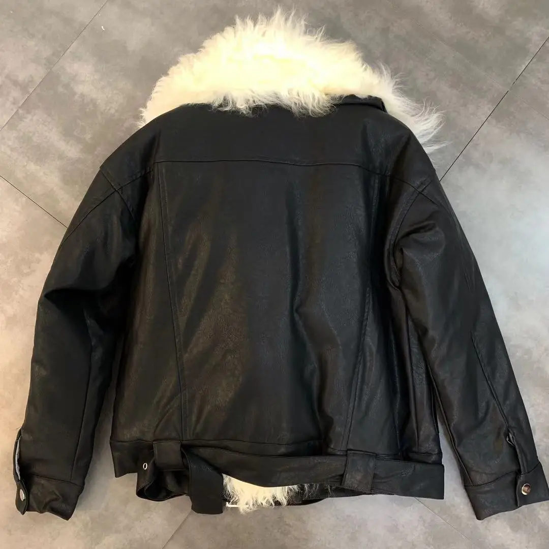 Куртка из овечьей шерсти, женская черная куртка из искусственной кожи, зимнее пальто из овечьей шерсти, воротник с длинным рукавом, хлопковая подкладка, локомотив, пальто из искусственной кожи