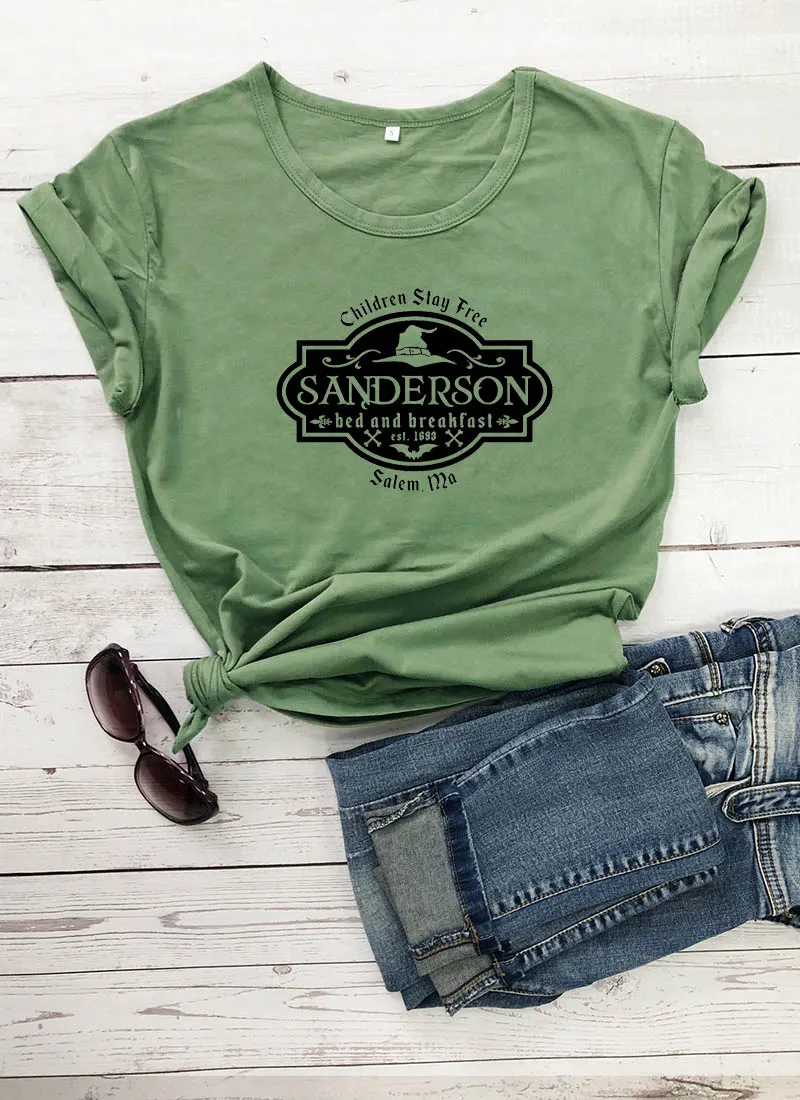 olive-black text Sanderson sister с графическим принтом, Новое поступление, женская летняя забавная Повседневная футболка из хлопка, Хэллоуин рубашка, топы - Цвет: olive-black text