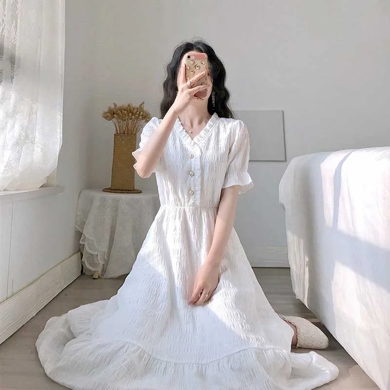 Korean White One-Piece Dress 2020 Female Summer New Vintage V-Neck Puff Sleeve Elegant Dress Women Holiday Party Dress Vestidos