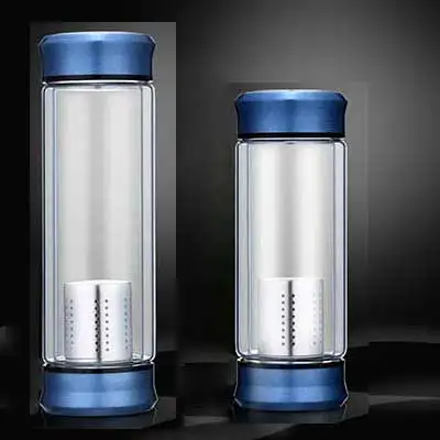 Blue 400ML Water Bottle Glass Bottle With Tea Infuser Filter Double Wall Glass Tea Coffee Juice Cup Business Type Sport Water Tumbler - Color: Blue