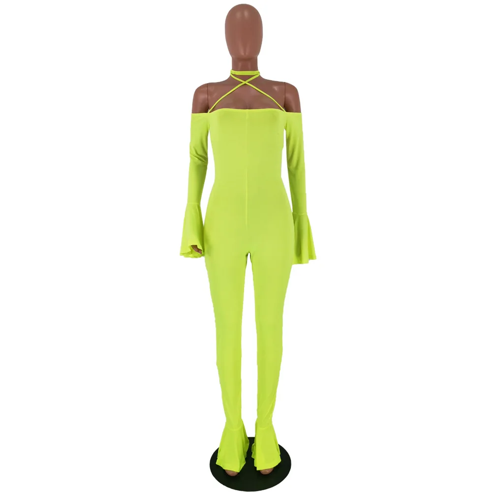 HAOYUAN Sexy Backless Rompers Womens Jumpsuit Fashion Nova Fall Body One Piece Outfits Neon Green Long Sleeve Bodycon Jumpsuit