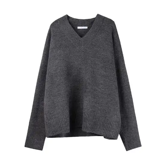 Зимний пуловер сплошного цвета с длинным свободным свитером с v-образным вырезом образным вырезом женский большой размер - Цвет: Серый