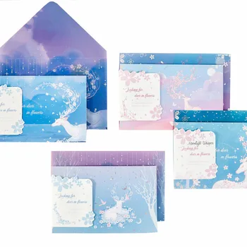 

4PCS Flower Deer Folding Type Greeting Card Thank You Card Wedding Birthday Party Invitations Gift Blank Cards Blessing Message