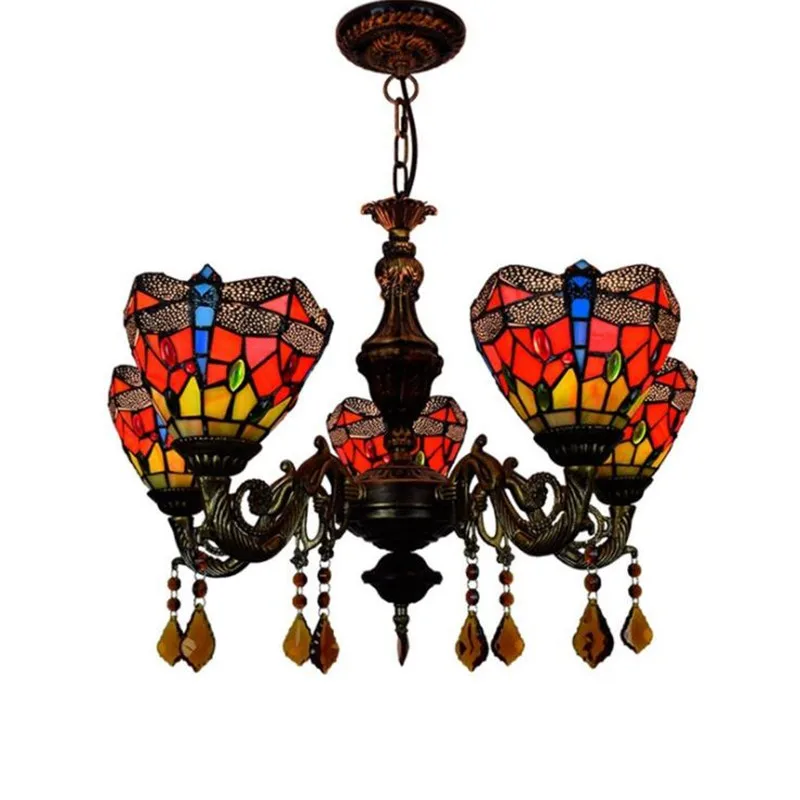 

Retro Tiffany Glass Led Pendant Light for Restaurant Foyer Dining Room Bar American Country Dragonfly Glass Suspension 1209
