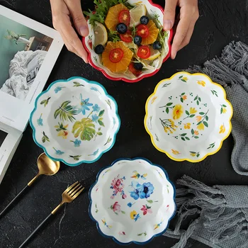 

Nordic Style Lace Hand-Painted Ceramic Fruit Salad Large Bowl Home Dessert Dessert Oven Microwave Breakfast Bowl Tablewares
