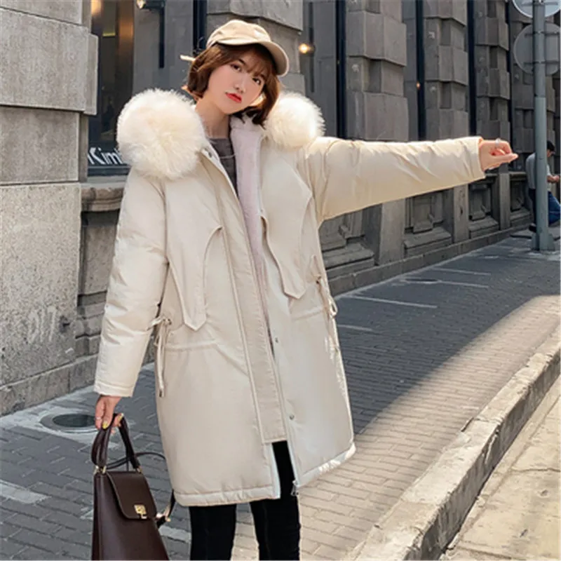 off white Хлопковая женская куртка в Корейском стиле новое зимнее пальто с капюшоном Parker пуховая стеганая куртка длинное пальто средней длины с бархатной подкладкой G1122 - Цвет: off white