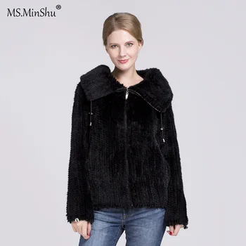 

MS.Minshu Knitted Mink Fur Jacket Turned Down Collar Winter Coat Natural Mink Fur Jacket Real Mink Fur Coat