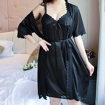 

Women Silk Sleepwear Set Robe Nightdress Bathrobe Sexy gecelik