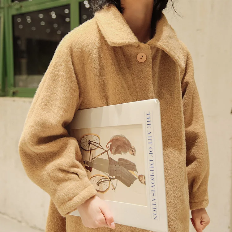 

Photo Shoot South Korea Ulzzang Winter New Style Loose-Fit Padded Woolen Overcoat Mid-length Solid Color Woolen Jacket