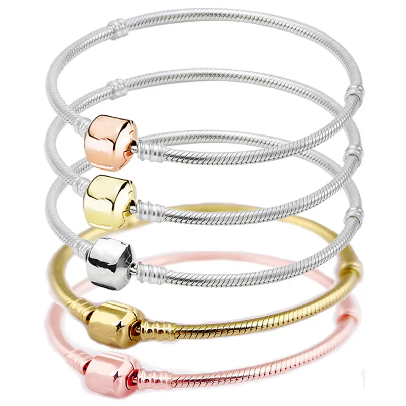 

New 925 Sterling Silver Bracelet Rose Gold Color Barrel Clasp Basic Snake Chain Bracelet Bangle Fit Women Bead Charm Diy Jewelry