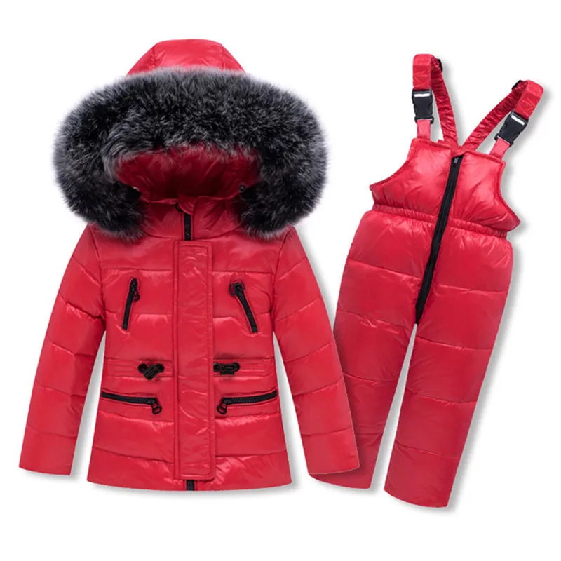 

Infant White Duck Down Ski Suit Jacket+Strap Down Pant Baby Big Fur Winter Warm Down Snowsuits Baby Girls Ski Set -30 Degrees