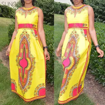 

SUNGIFT Dashiki African Women Dress Ethnic Print Front Collar Opening Large Swing Dress Round Neck Sleeveless African Clothing