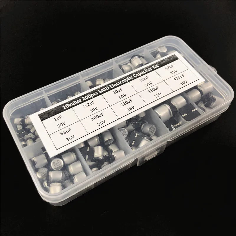 Ceny 10 wartości 200 sztuk SMD zestaw mieszanych kondensatorów elektrolitycznych 10V ~ 50V 1uF ~ 470uF ze schowkiem