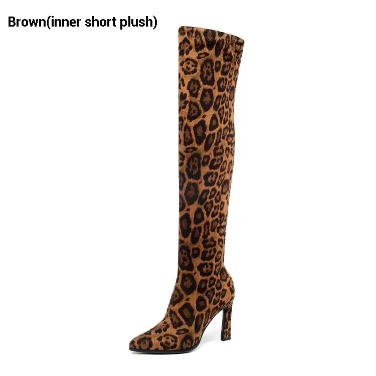 Brown(short plush) CDAXILAN, Новое поступление женские ботинки с леопардовым принтом, эластичная ткань Обувь на высоком каблуке Ботфорты сапоги до колен с эластичной резинкой изящная обувь до бедра; сапоги на осень-зиму - Цвет: Brown(short plush)