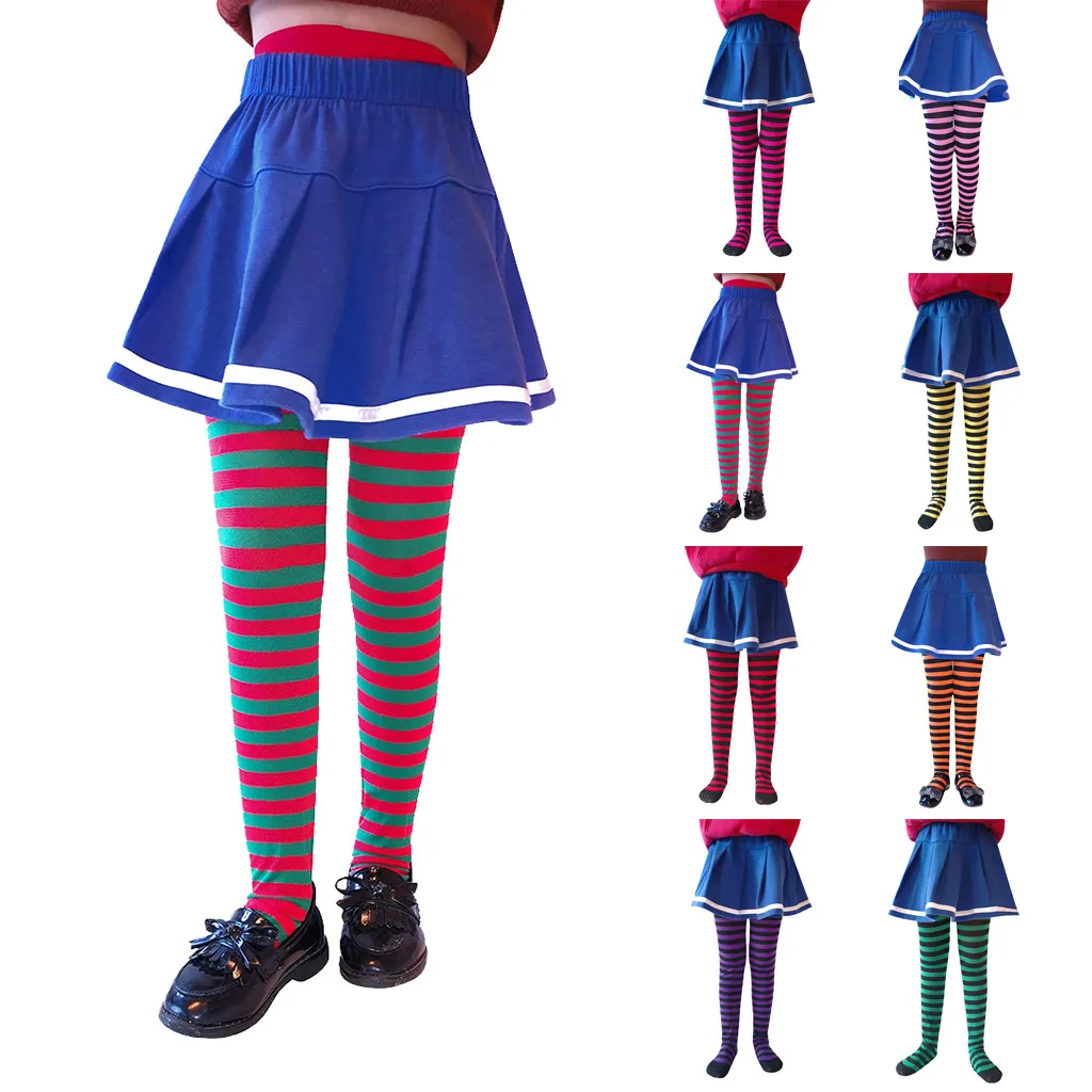 

Kids Socks носки детские 6-8year-old Girls Festival Christmas Stripe Printed Pantyhose Stockings skarpetki ##0