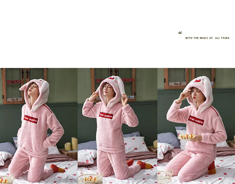 Теплый пижамный комплект больших размеров M-5XL для девочек и женщин, фланелевая утолщенная Домашняя одежда с длинными рукавами и рисунком розового кролика кораллового цвета