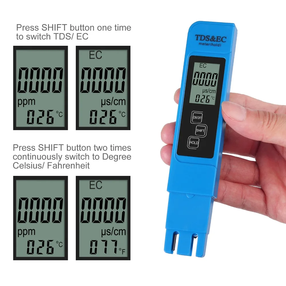 entre tds e condutividade, 0-9990ppm tds, 0-9990us